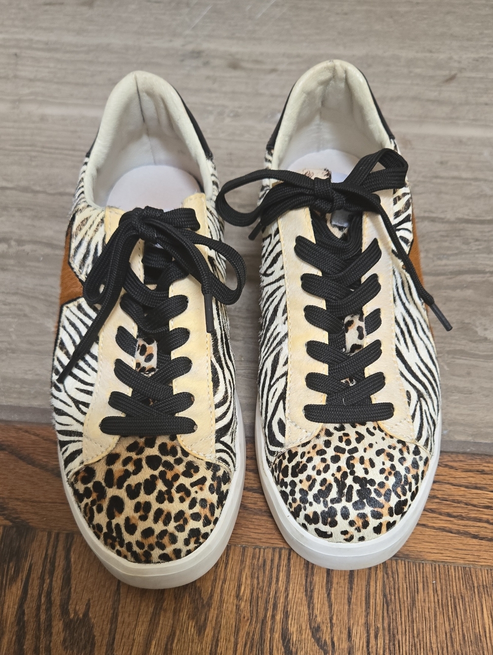 Lola. Ruz Size 6 Women’s Mixed Animal Print Lace-Up Sneakers - Black, Tan, White